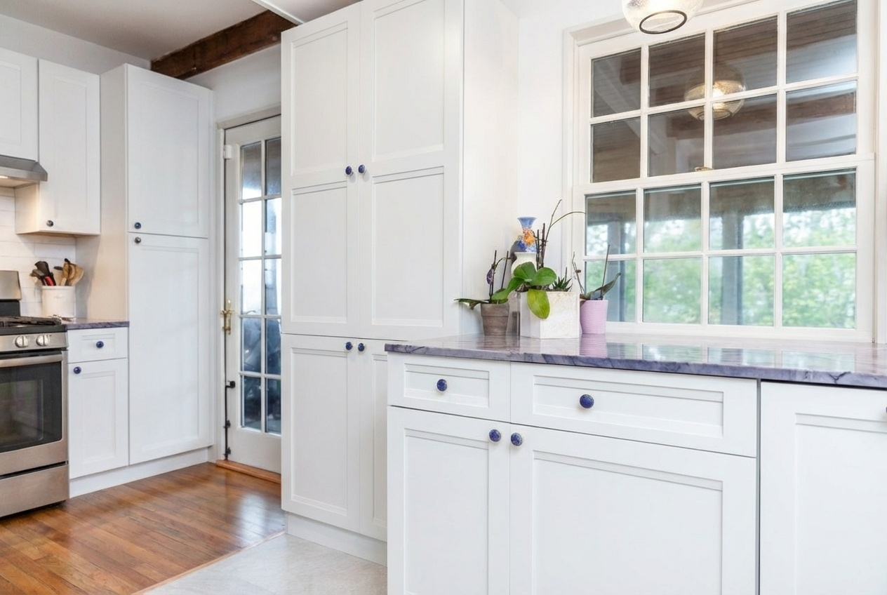 Luxury kitchen remodel on Robbins Island in Essex, MA featuring custom cabinetry and premium stone surfaces