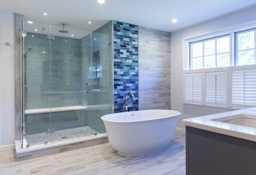 bathroom remodel, glass shower, freestanding tub, custom tile, Danvers MA