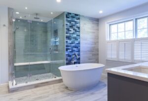 bathroom remodel, glass shower, freestanding tub, custom tile, Danvers MA
