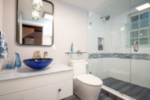 bathroom remodel with glass shower, vessel sink vanity, and custom tile on the North Shore”